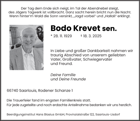 Todesanzeige von Bodo Krevet von saarbruecker_zeitung
