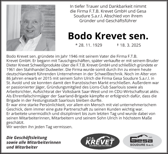 Todesanzeige von Bodo Krevet von saarbruecker_zeitung