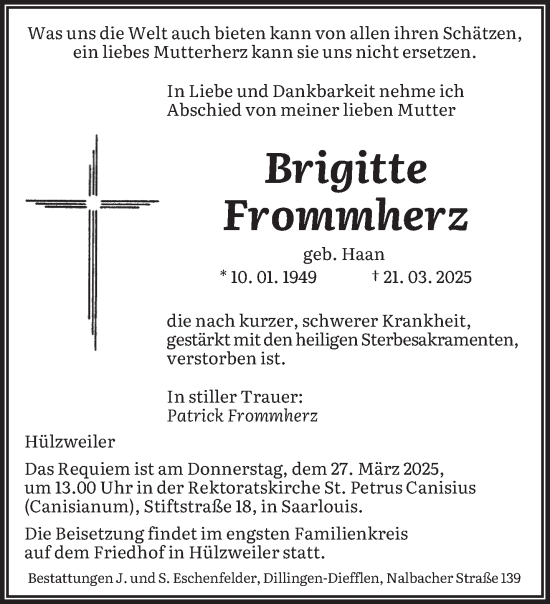 Todesanzeige von Brigitte Frommherz von saarbruecker_zeitung