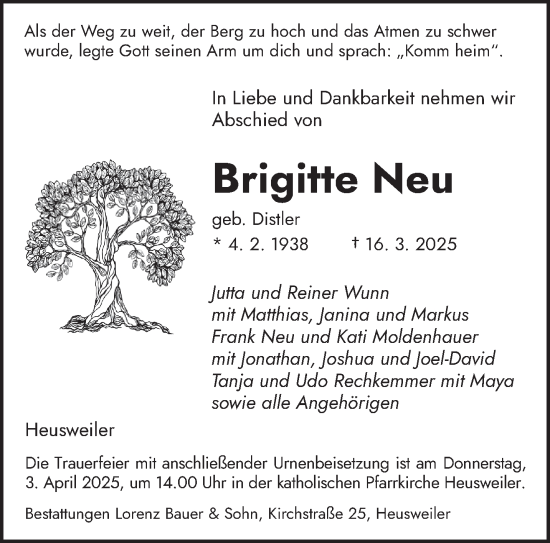 Todesanzeige von Brigitte Neu von saarbruecker_zeitung