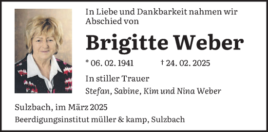 Todesanzeige von Brigitte Weber von saarbruecker_zeitung