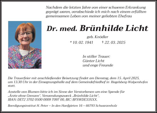 Todesanzeige von Brünhilde Licht von saarbruecker_zeitung