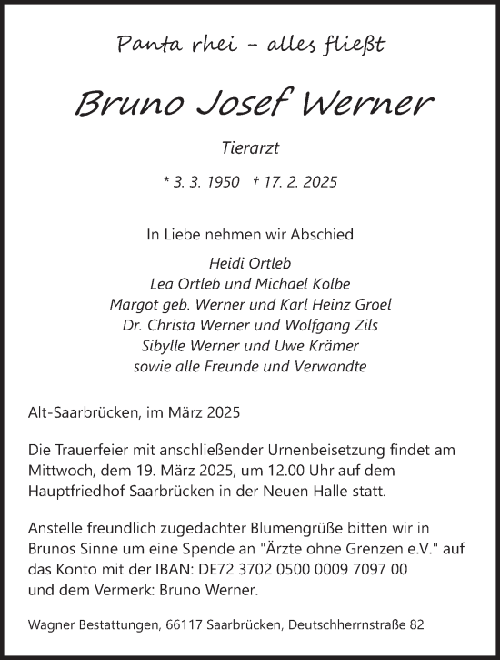 Todesanzeige von Bruno Josef Werner von saarbruecker_zeitung