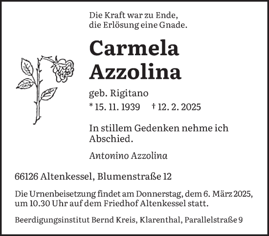 Todesanzeige von Carmela Azzolina von saarbruecker_zeitung