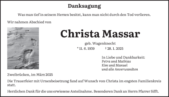 Todesanzeige von Christa Massar von saarbruecker_zeitung