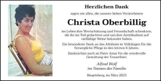 Todesanzeige von Christa Oberbillig von saarbruecker_zeitung
