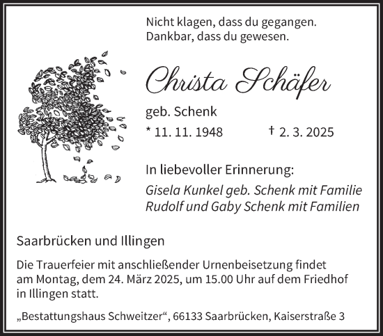 Todesanzeige von Christa Schäfer von saarbruecker_zeitung