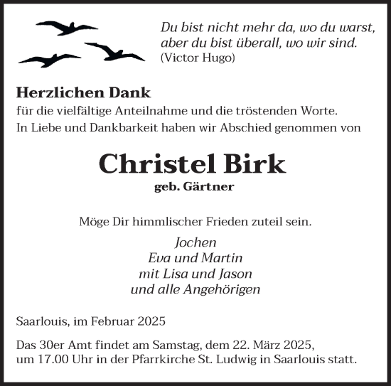 Todesanzeige von Christel Birk von saarbruecker_zeitung