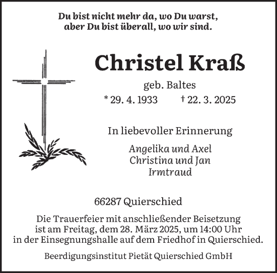 Todesanzeige von Christel Kraß von saarbruecker_zeitung