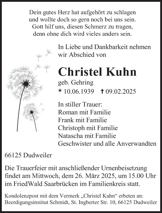 Todesanzeige von Christel Kuhn von saarbruecker_zeitung