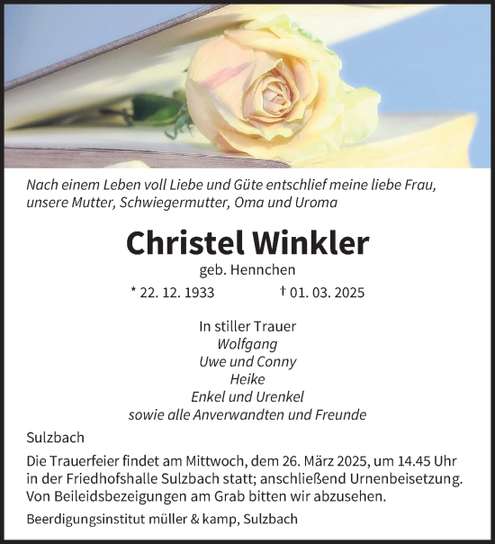 Todesanzeige von Christel Winkler von saarbruecker_zeitung