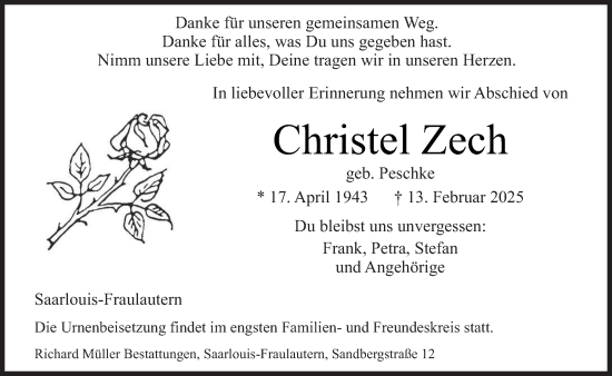 Todesanzeige von Christel Zech von saarbruecker_zeitung