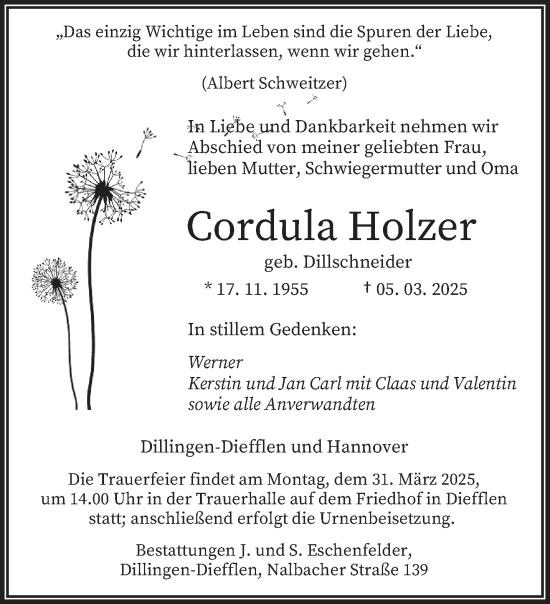 Todesanzeige von Cordula Holzer von saarbruecker_zeitung