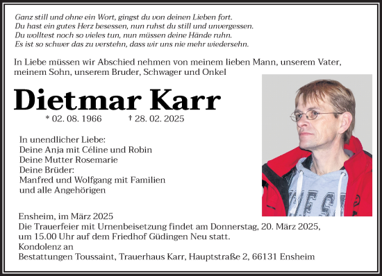 Todesanzeige von Dietmar Karr von saarbruecker_zeitung