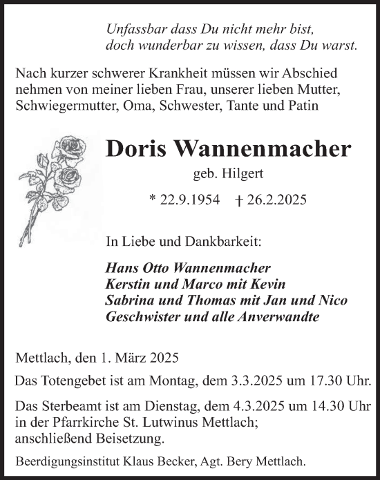 Todesanzeige von Doris Wannenmacher von saarbruecker_zeitung