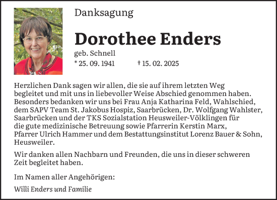 Todesanzeige von Dorothee Enders von saarbruecker_zeitung
