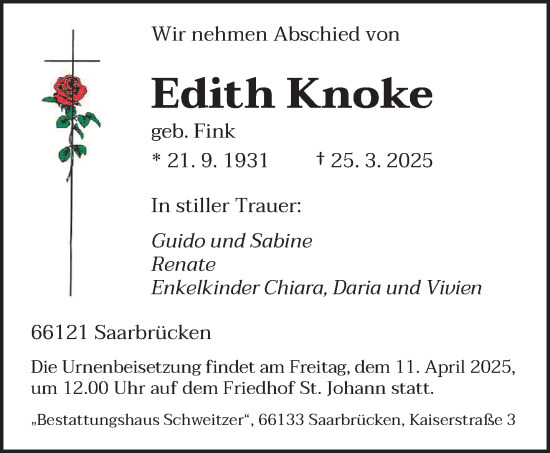 Todesanzeige von Edith Knoke von saarbruecker_zeitung