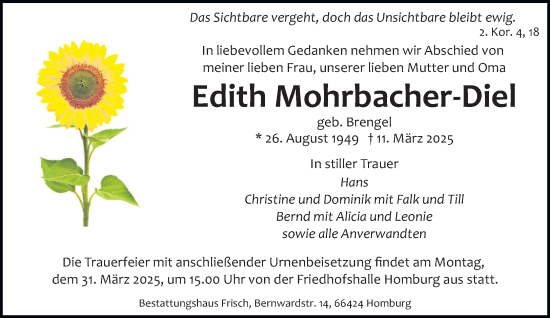 Todesanzeige von Edith Mohrbacher-Diel von saarbruecker_zeitung