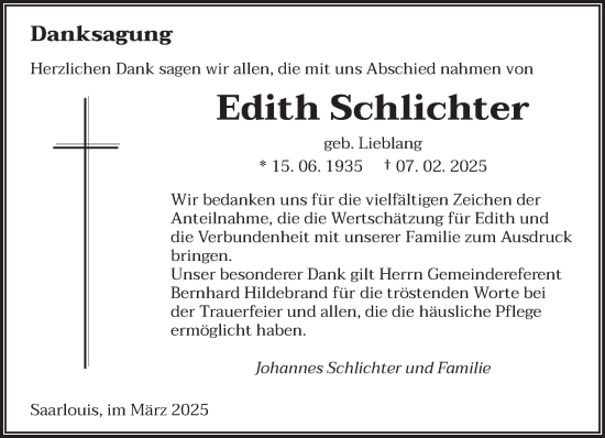Todesanzeige von Edith Schlichter von saarbruecker_zeitung