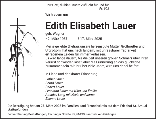 Todesanzeige von Edith Elisabeth Lauer von saarbruecker_zeitung