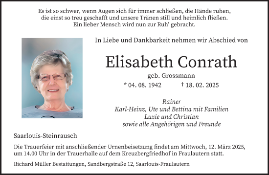 Todesanzeige von Elisabeth Conrath von saarbruecker_zeitung