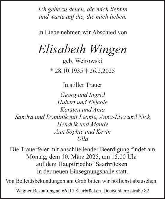 Todesanzeige von Elisabeth Wingen von saarbruecker_zeitung