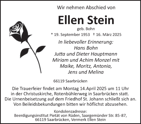 Todesanzeige von Ellen Stein von saarbruecker_zeitung