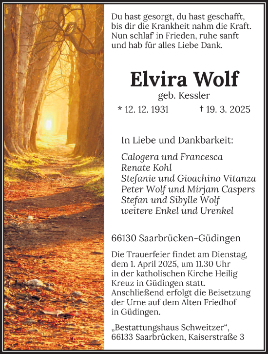 Todesanzeige von Elvira Wolf von saarbruecker_zeitung