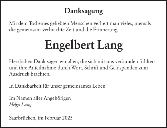 Todesanzeige von Engelbert Lang von saarbruecker_zeitung