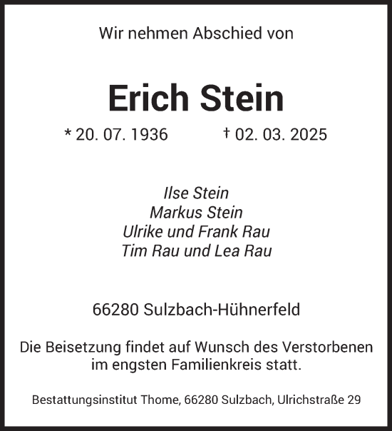 Todesanzeige von Erich Stein von saarbruecker_zeitung
