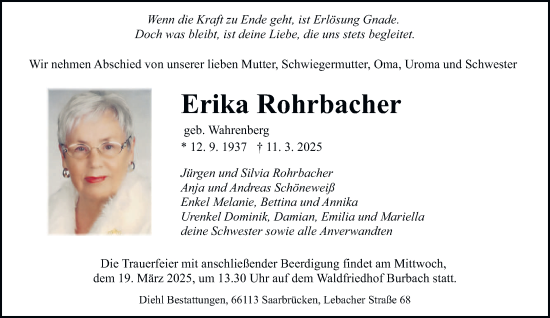 Todesanzeige von Erika Rohrbacher von saarbruecker_zeitung