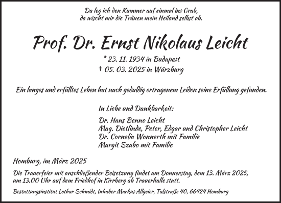 Todesanzeige von Ernst Nikolaus Leicht von saarbruecker_zeitung