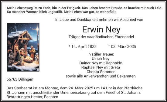 Todesanzeige von Erwin Ney von saarbruecker_zeitung