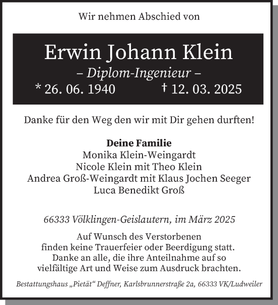 Todesanzeige von Erwin Johann Klein von saarbruecker_zeitung