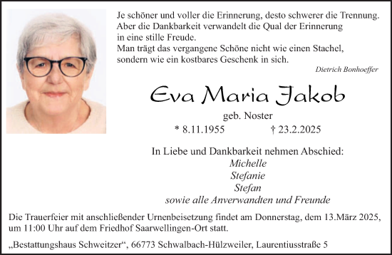 Todesanzeige von Eva Maria Jakob von saarbruecker_zeitung