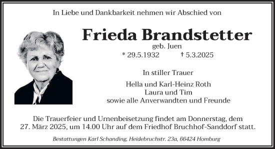 Todesanzeige von Frieda Brandstetter von saarbruecker_zeitung