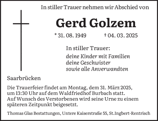 Todesanzeige von Gerd Golzem von saarbruecker_zeitung