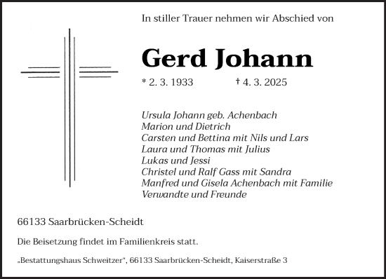 Todesanzeige von Gerd Johann von saarbruecker_zeitung
