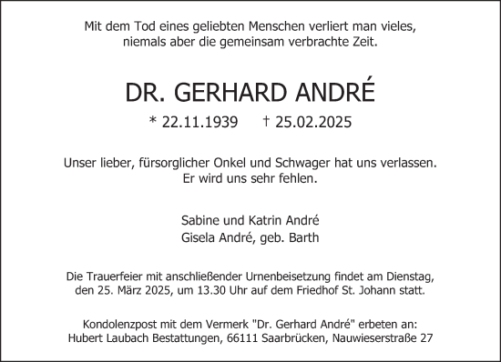 Todesanzeige von Gerhard André von saarbruecker_zeitung