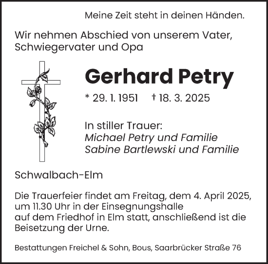 Todesanzeige von Gerhard Petry von saarbruecker_zeitung
