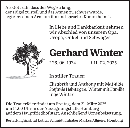 Todesanzeige von Gerhard Winter von saarbruecker_zeitung