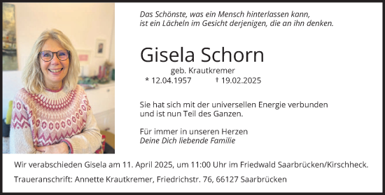 Todesanzeige von Gisela Schorn von saarbruecker_zeitung