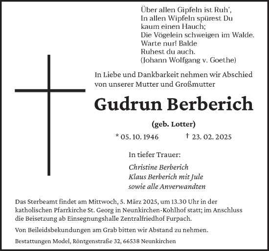 Todesanzeige von Gudrun Berberich von saarbruecker_zeitung