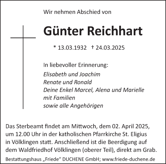 Todesanzeige von Günter Reichhart von saarbruecker_zeitung