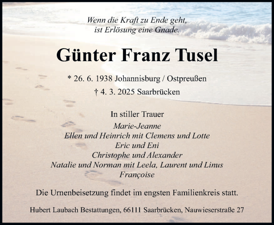 Todesanzeige von Günter Franz Tusel von saarbruecker_zeitung