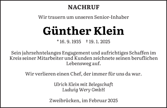 Todesanzeige von Günther Klein von saarbruecker_zeitung
