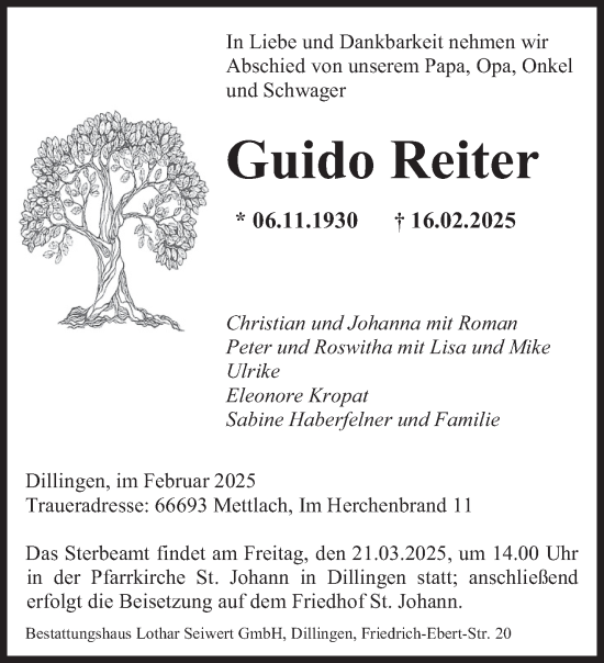 Todesanzeige von Guido Reiter von saarbruecker_zeitung