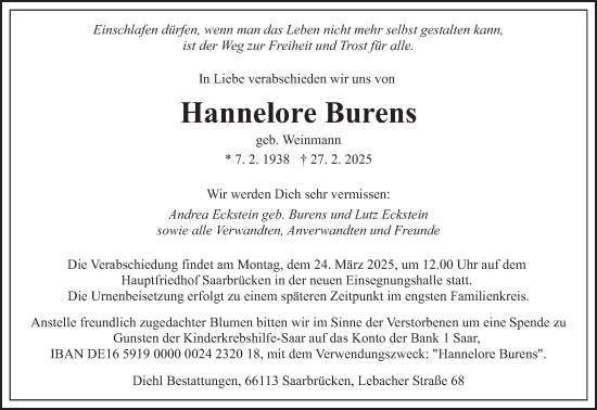 Todesanzeige von Hannelore Burens von saarbruecker_zeitung