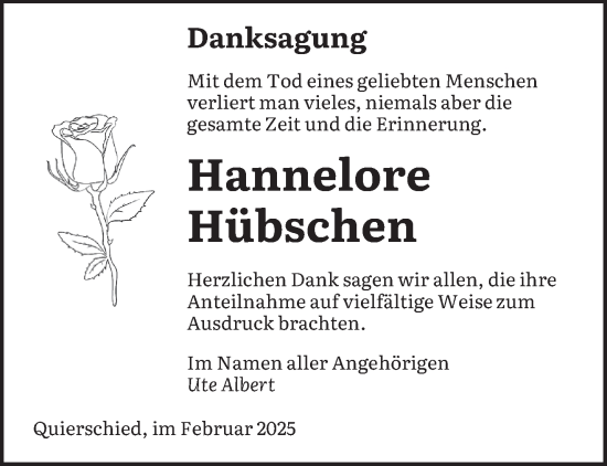 Todesanzeige von Hannelore Hübschen von saarbruecker_zeitung