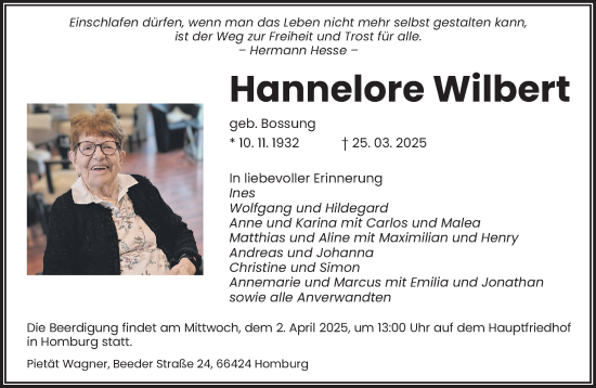 Todesanzeige von Hannelore Wilbert von saarbruecker_zeitung
